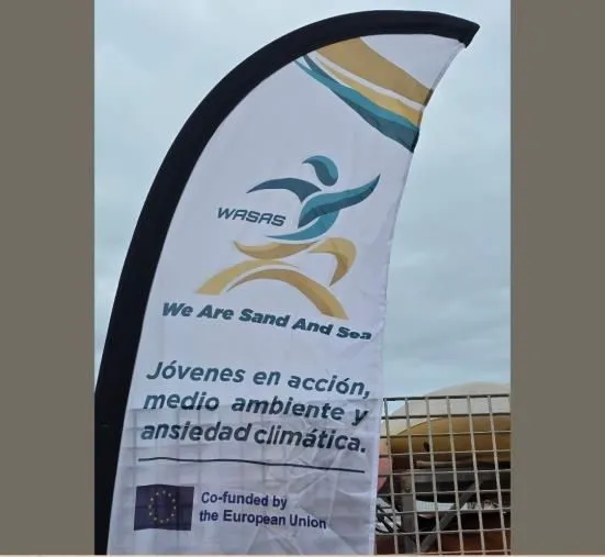 WASAS roll-up banner at an outdoor event, printed with the project slogan on young people, the environment and climate anxiety