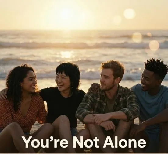 Four young people sitting together on the sand at sunset